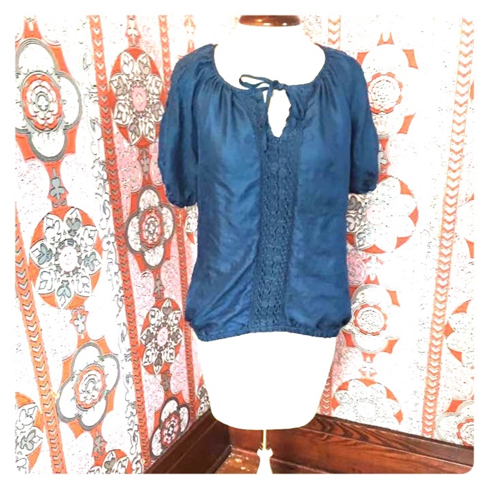 Teal blue boho blouse with crochet details